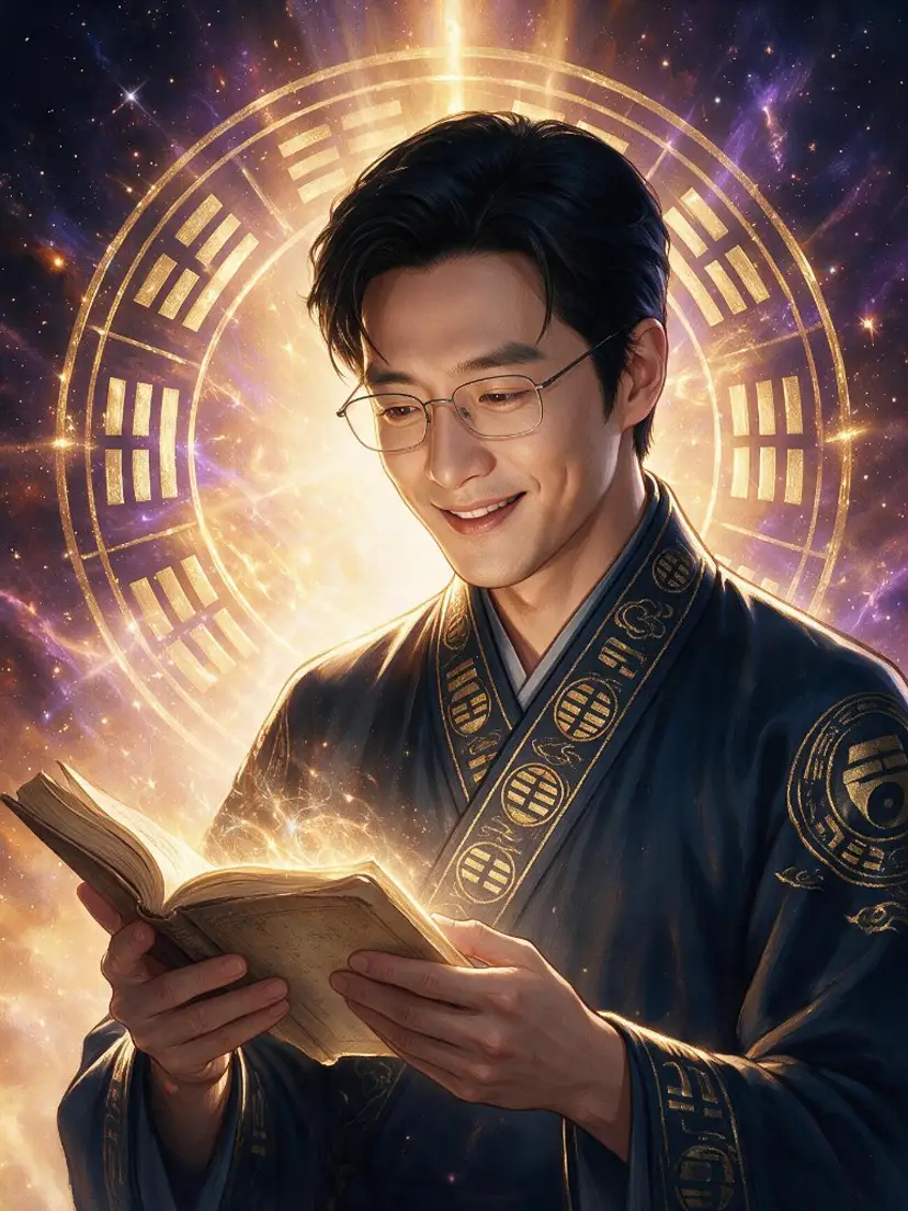 命理師傅微笑著讀一本發光的書