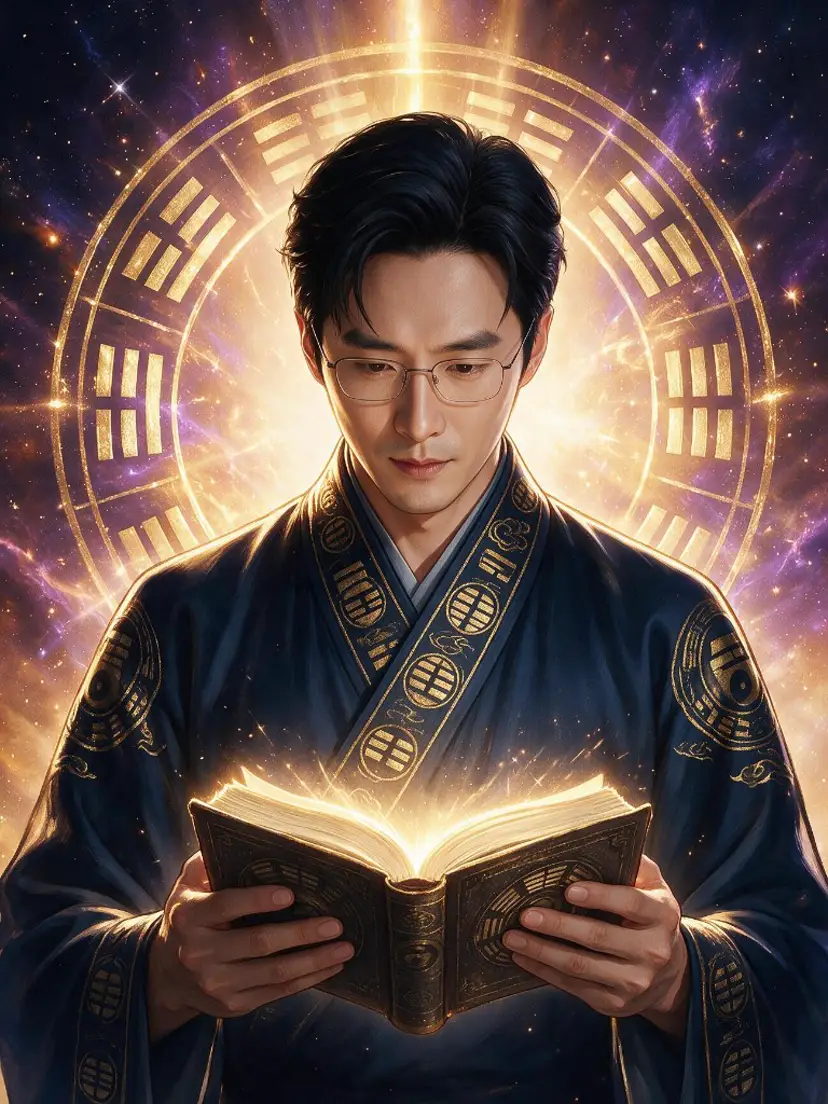 命理師傅低頭讀一本發光的書