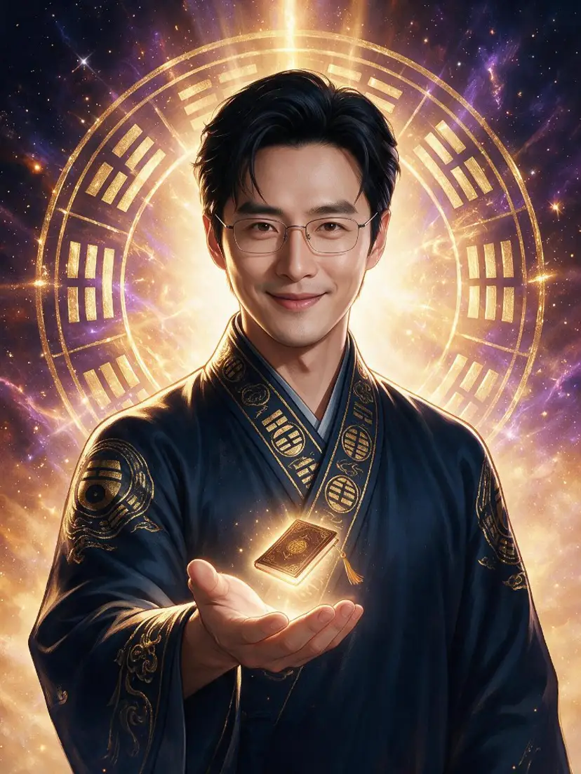 命理師傅掌心托著一本發光的命書