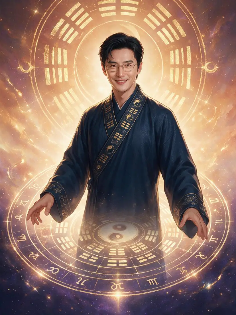 命理師傅在星盤前張開雙手