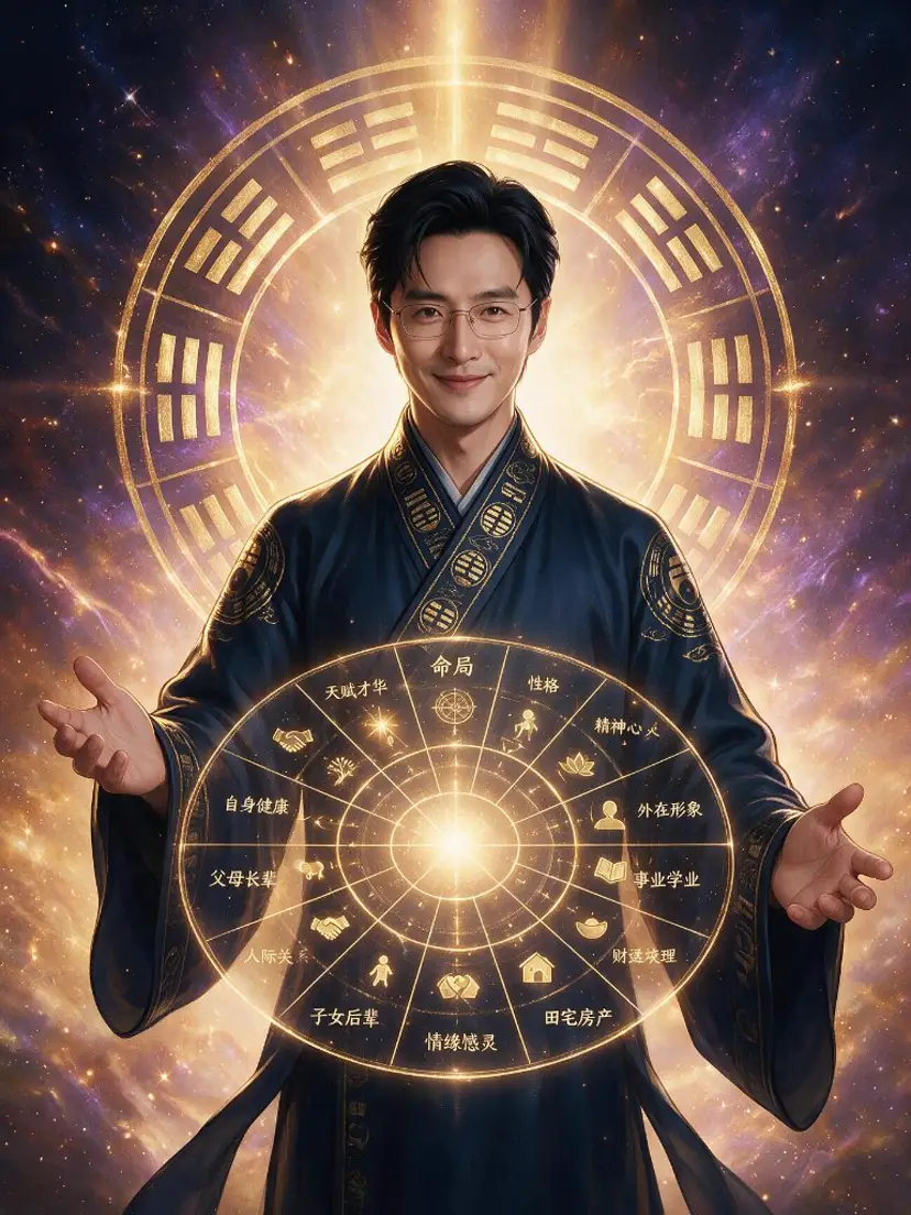 命理師傅雙手托著十二領域命盤