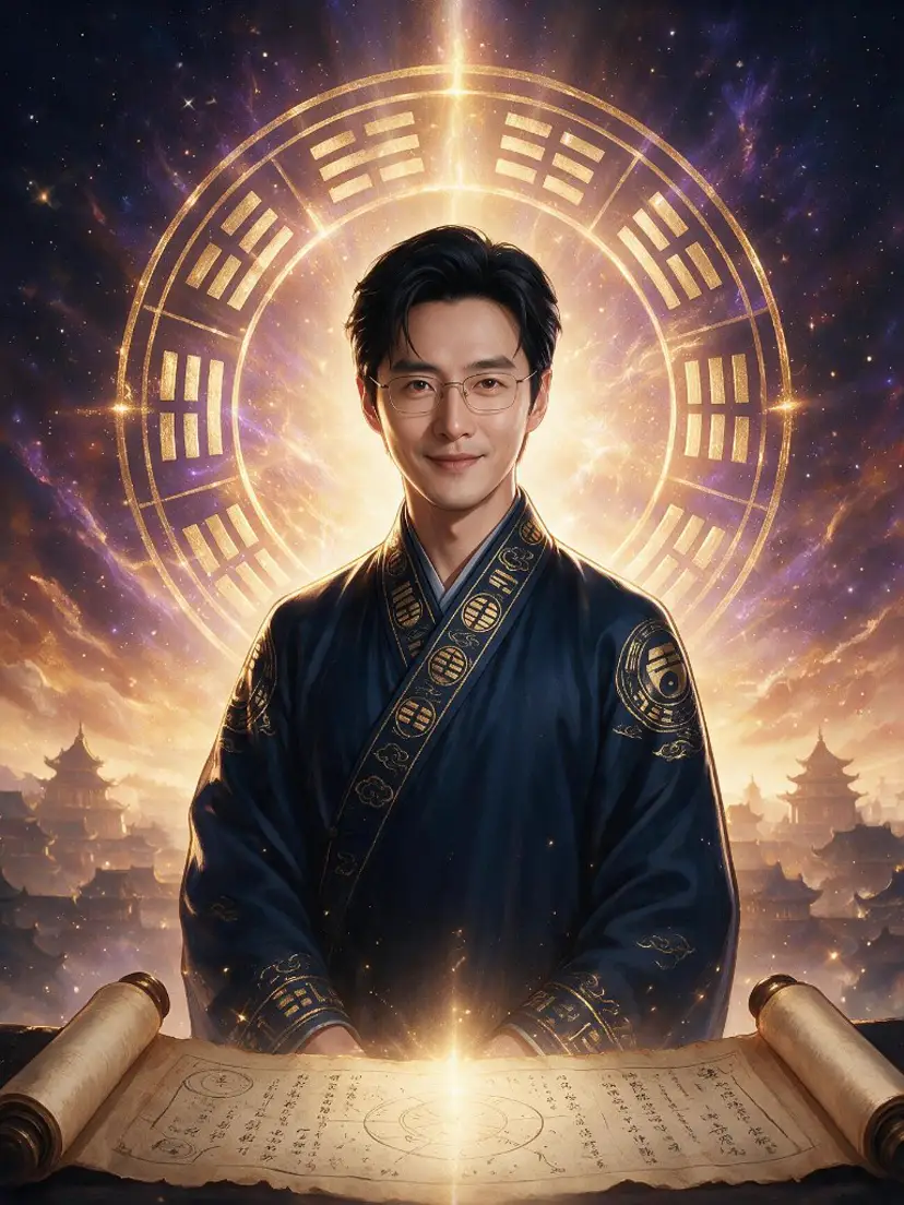 命理師傅站在卷軸與古城之前