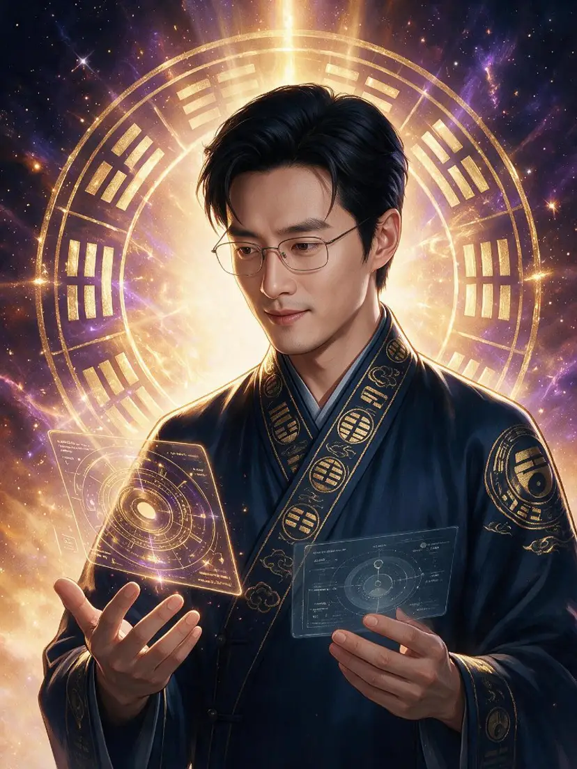 命理師傅雙手托著兩塊發光的盤